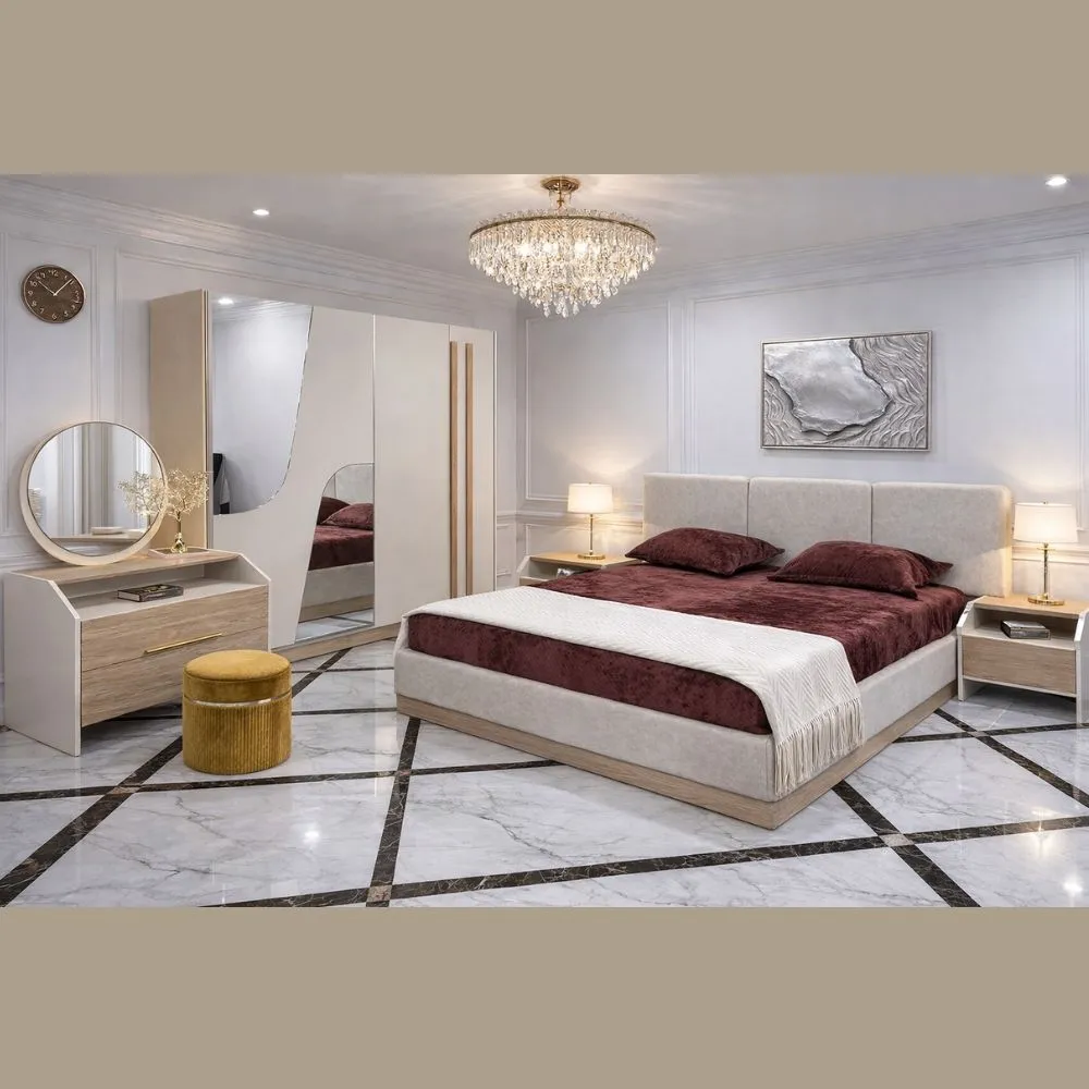 Chambre à Coucher LUMA – Armoire Coulissante & Lit Semi-Coffre – Finition Chaîne Beige 1 Chambre à Coucher LUMA – Armoire Coulissante & Lit Semi-Coffre – Finition Chaîne Beige