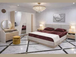 Chambre à Coucher LUMA – Armoire Coulissante & Lit Semi-Coffre – Finition Chaîne Beige