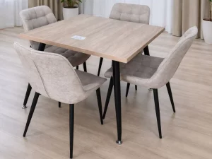 Table de Cuisine Moko Carrée 90×90 cm – Effet Bois avec Pieds Métal Noir